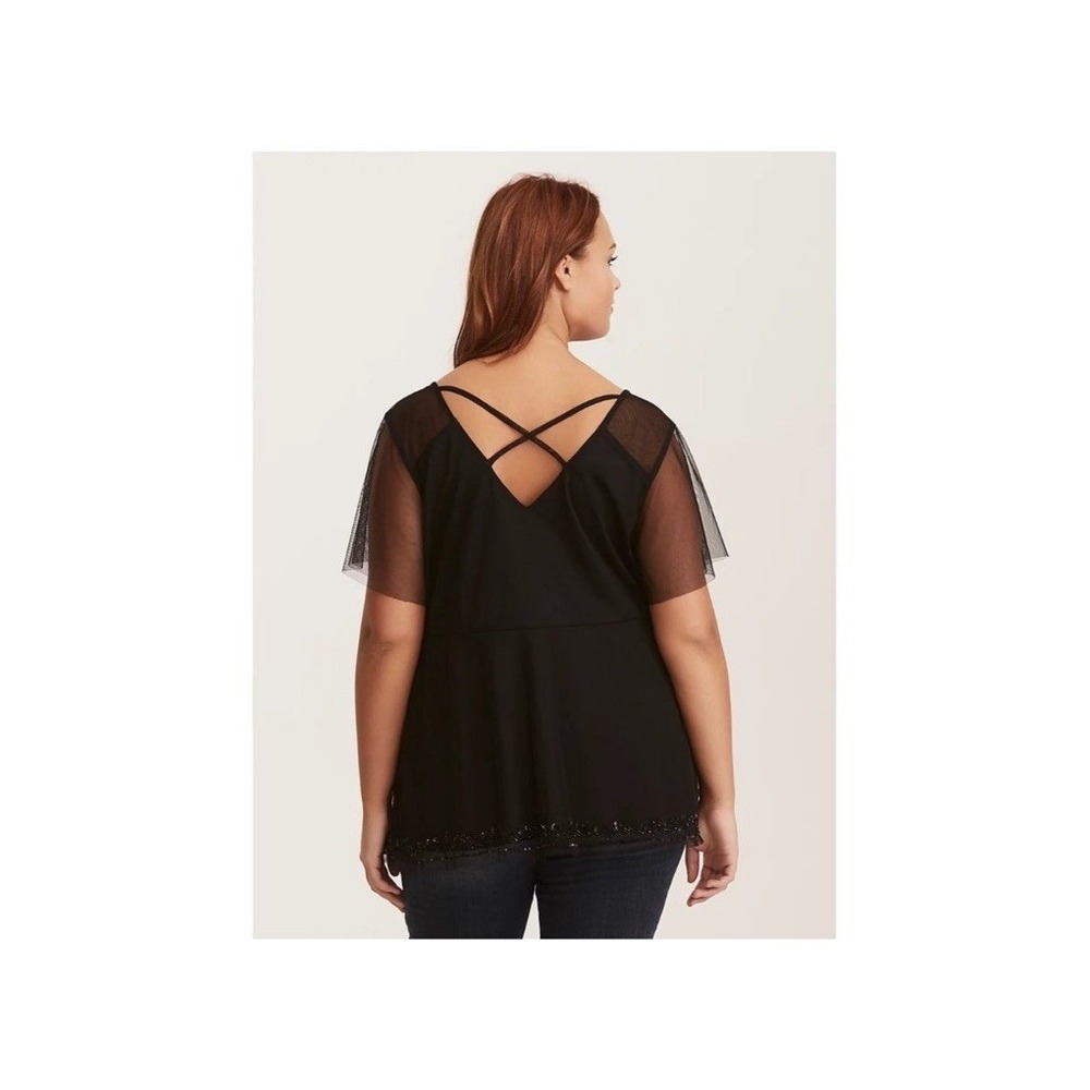 Torrid 6 Black Mesh Sequin Babydoll Top Womens Plus Sz 6X Beaded Flutter Sleeve - Picture 2 of 16